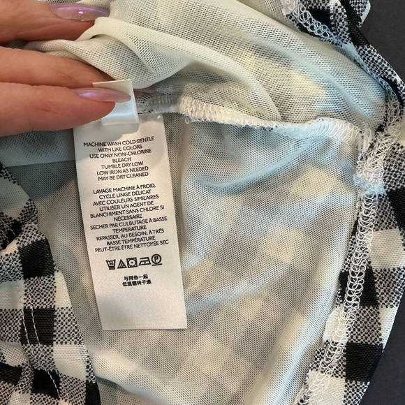 Free People Gather Turtleneck Top Black Combo Gingham Mesh Puff Sleeve M NWT - Picture 13 of 14